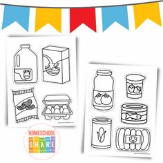 the printable worksheet includes pictures of food and drinks, including eggs, milk,