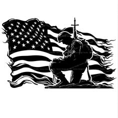 an american flag with a soldier kneeling in front of it