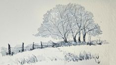 a drawing of a snow covered field with trees and fence in the foreground, watercolor on paper