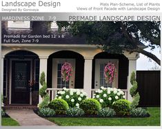 an advertisement for landscape design with flowers and shrubs in front of a house on the lawn