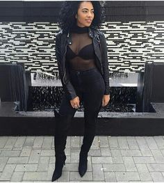 Black Sheer Top Leather Pants, Sheer Blouse Outfit Classy, Sheer Top Outfit Black Woman, Sheet Mesh Top Outfit, Sheer Top And Jeans Outfit, Mesh Bodysuit Outfit Jeans, Shear Shirt Outfits, Outfits With Sheer Tops, Black Sheer Bodysuit Outfit