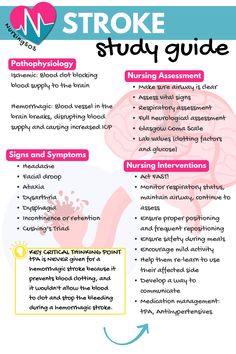 🧠 There's 2 main types of stroke you'll need to know about in nursing school:  👉️ Ischemic stroke: there's a blood clot in the brain that blocks blood flow  👉️ Hemorrhagic stroke: a blood vessel ruptures in the brain, causing hemorrhaging and less blood flow  ❗️NCLEX® KEY POINT:  tPA is NEVER given for a hemorrhagic stroke because it prevents blood clotting, and it wouldn't allow the blood to clot and stop the bleeding during a hemorrhagic stroke.  💫 Grab my free nursing school study guides! Emt Basic, Nurses Notes, Neurological Assessment, Nursing Fundamentals, Medical Assistant Student, Medical Life, Work Notes