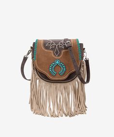 Made of synthetic leather Turquoise stone concho on the flap Fringe and whipstitch detail Top zipper closure An open pocket on the back Detachable adjustable leather purse straps (Drop: 24.5"-27.5") 8"(L) x 3"(W) x 7.5"(H) Interior Capacity: Small Brown Western Bag With Fringe, Western Brown Bag With Fringe, Bohemian Brown Bags With Concho, Western Bags With Concho Detail, Western Style Bags With Concho, Western Style Bags With Fringe For Everyday Use, Western Style Fringe Bags For Everyday Use, Western Style Crossbody Bags For Western-themed Events, Western Style Fringed Bags For Everyday Use