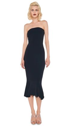 STRAPLESS FISHTAIL DRESS – Black – Norma Kamali Strapless Midi Dress With Ruffle Hem For Evening, Fitted Midi Dress With Ruffle And Flared Hem, Fitted Midi Dress With Ruffle Flared Hem, Fitted Strapless Dress With Mermaid Hem, Fitted Strapless Mermaid Hem Dress, Elegant Strapless Dress With Mermaid Hem, Elegant Strapless Mermaid Hem Dress, Chic Mermaid Dress For Cocktail With Mermaid Hem, Chic Evening Midi Dress With Fishtail