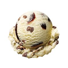 a scoop of ice cream with chocolate chips on it's top, in front of a white background