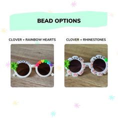 These Paddy's pinch proof girls sunnies bring the luck to the lucky charm in your life. Sunglasses bejeweled with a combination of clovers, rainbow hearts, and rhinestones. Sunnies fit children around age 2-10. TO ORDER: Select bead style in the dropdown menu- Clover + Hearts style says "LUCKY"- Clover + Rhinestones style says "LUCKY CHARM" Select sunglass shape & color in the dropdown menu Each pair is handcrafted using various specialty beads, charms, and rhinestones. Due to the handmade natur Ornament Tags, Rainbow Hearts, Free Printable Art, Beads Charms, Halloween School, Lucky Clover, Rainbow Heart, Charm Gift, Flower Heart