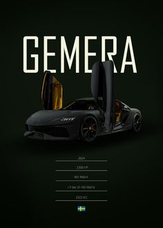 a black sports car with the door open in front of it and the words'gemera'above it