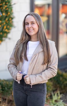 Short and sweet, a simple cropped moto jacket in beautiful beige. Details + Fit 100% Genuine Leather True to size. For an oversized look we recommend sizing up Cropped Moto Jacket, Blazer Jackets For Women, Oversized Look, Short And Sweet, Moto Jacket, Blazer Jacket, Genuine Leather, Leather Jacket, Blazer