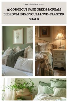 the bedroom is decorated in green and cream