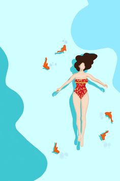 a woman in a red swimsuit is flying through the air with orange fish around her