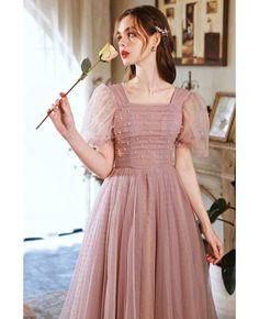 Short Puffy Sleeves, Long Formal Dress, Stunning Prom Dresses, Dress With Pleats, Pink Square, Pleated Sleeves, Beaded Prom Dress, Formal Dresses Short, Pleat Top