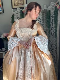 Beige Ball Gown For Wedding, Rococo Style Fitted Formal Gown, Formal Rococo Fitted Gown, Formal Fitted Rococo Gown, Fitted Ball Gown For Ceremony, Rococo Style Formal Ball Gown, Rococo Style Ball Gown For Formal Occasions, Rococo Style Ball Gown For Formal Events, Regency Style Ball Gown For Wedding