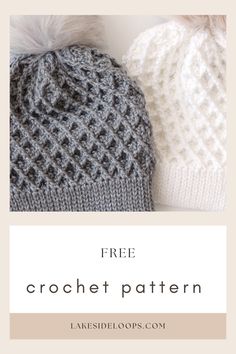 two knitted hats with text overlay that reads free crochet pattern