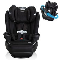 the child's car seat is black and has blue trimmings on it