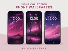 three iphone wallpapers with the night sky and mountains in purple tones, all showing different