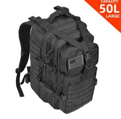 the back pack is black and has an american flag on it, which reads 50l large