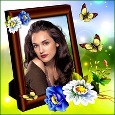 a woman with long brown hair and blue flowers in front of a frame that has butterflies on it