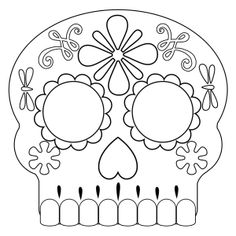 a sugar skull with flowers on it's head, outlined in black and white