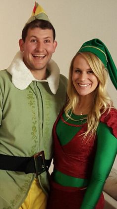 a man and woman dressed up in elf costumes