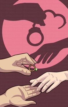 two hands reaching out towards each other with a ring on their finger and a pink heart in the background