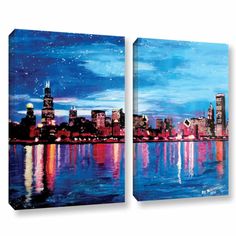 two canvases with city lights reflecting in the water at night, one is blue and the other is red