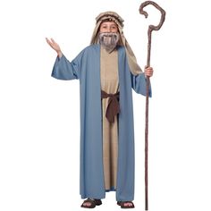 a man dressed as jesus holding a staff