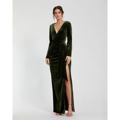 Long Sleeve Deep V Draped Velvet Gown Mac Duggal Dress, Olive Style, Autumn Knitwear, Maxi Dresses Fall, Velvet Gown, Bride Groom Dress, Daytime Dresses, Vert Olive, Mac Duggal