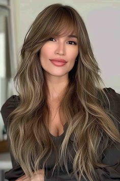 Side Part Swept Bangs, Bangs With Long Layers, Long Hair With Side Bangs, Long Layered Hair With Side Bangs, Long Layered Hair With Bangs, Highlight Hair, Waist Length Hair