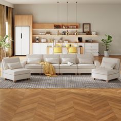 a living room filled with white furniture and wooden flooring next to a large window