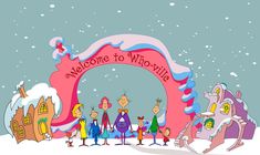 a group of cartoon characters standing in front of a welcome sign that says welcome to whittle