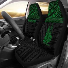 the interior of a car is decorated with green and black designs