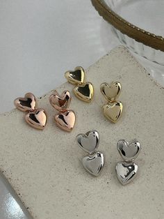 Double Puff Chubby Heart Charm Drop Stud Earrings.Adorable and trendy heart design, Hypoallergenic silver post.Please be aware that our earrings feature silver posts selected for their hypoallergenic properties, making them less likely to cause allergies. However, it's essential to note that silver is softer than other alloys, so we kindly advise handling the earrings with extra care. Silver can naturally oxidize when exposed to oxygen, but this is not a defect. You can easily remove any oxidati Trendy Heart-shaped Drop Earrings For Anniversary, Trendy Heart Drop Earrings For Anniversary, Trendy Anniversary Heart Drop Earrings, Trendy Gold Hypoallergenic Heart Earrings, Silver Heart Earrings Tarnish Resistant, Cute Gold Heart Earrings Nickel Free, Silver Tarnish Resistant Heart Earrings, Silver Tarnish Resistant Heart Earrings For Anniversary, Silver Tarnish-resistant Metal Heart Earrings