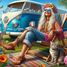 a painting of a woman sitting on a chair with a cat and a vw bus in the background