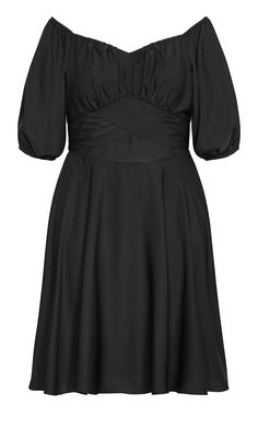 With a bold silhouette and effortlessly chic design, the Eloise Dress elevates your style like no other! Featuring an empire waistline overlay detailing, short puff sleeves and a midi length hem, this dress is a fashion treasure you don't want to miss! Key Features Include: - Subtle V-neckline - Invisible gel lining - Gathered details to bust - Short puff sleeves with elasticated cuffs - Empire waistline overlay detailing - Attached self-tie belt to back - Invisible zip, hook & eye closure to back - Midi length hemline - Lined Complete a cohesive outfit with matching black strappy heels and purse! | Plus Size Dress Eloise 24 in Black, Size 18/M | City Chic Solid Color Mini Dress With Gathered Short Sleeves, Solid Mini Dress With Short Gathered Sleeves, Ruched Puff Sleeve Dress For Work, Short Sleeve Ruched Puff Sleeve Dress For Formal Occasions, Short Sleeve Mini Dress With Pleated Waist For Party, Formal Ruched Puff Sleeve Dress With Short Sleeves, Ruched Puff Sleeve Dress For Formal Occasions, Chic Short Sleeve Dress With Gathered Sleeves, Chic Midi Dress With Gathered Short Sleeves