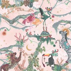 an animal themed wallpaper with birds, zebras and other wild animals on it