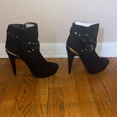 Black Guess Booties With Mid Height Heel, Never Worn, Brand New! Party Black Booties With Buckle Closure, Chic Black Heels With Gold Studs, Black High-top Party Booties, Black High-top Booties For Party, Guess Boots, Velvet Ankle Boots, Club Shoes, Womens Camo, Block Heel Ankle Boots