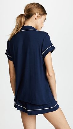 Eberjey Gisele Shortie PJ Set | SHOPBOP Navy Short Sleeve Tops For Loungewear, Rayon Short Sleeve Tops For Loungewear, Classic Short Sleeve Rayon Tops, Eberjey Pajamas, Comfy Pjs, Comfortable Pajamas, Cozy Pajamas, Contrast Piping, Gym Shorts