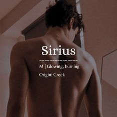 the back of a man's shirt with words on it that read sirius, m glowing, burning origini greek