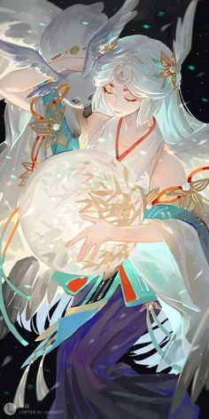 an anime character with white hair and blue eyes holding a large object in her hands