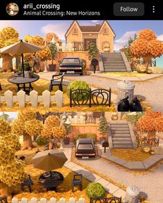 the screenshot shows different types of outdoor furniture and trees in front of a house