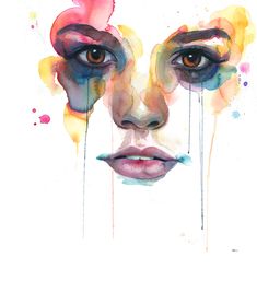 a woman's face is painted with watercolors and has flowers sticking out of her eyes