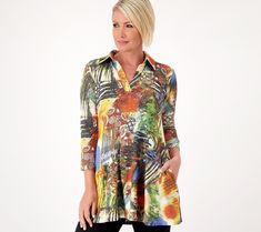 Okay, this is it, ladies -- the OOTD finisher that sticks out with a fabulous distinction. This tunic flares and flows with a style that stuns. And it has pockets! From Women with Control®. Wardrobe Sets, Mesh Jacket, Floral Tunic Tops, Plaid Tunic, Cowl Neck Long Sleeve, Reversible Vest, Floral Tunic, A Style, Long Sleeve Tunic