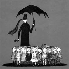 a black and white drawing of a man holding an umbrella over a group of children