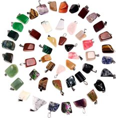 a circle made up of different types of stones and pendants in various shapes, sizes and colors