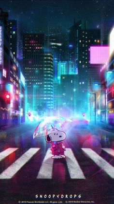 a cartoon character is holding an umbrella in the middle of a city street at night