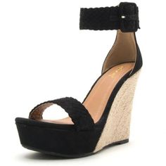 Black Suede Open Toe Wedge With A Strap Buckle Elegant Black Wedge Sandals With Buckle Closure, Chic Black Ankle Strap Wedge Sandals, Chic Wedge Sandals With Buckle Closure, Black Wedge, Black Flower, Womens Shoes Wedges, Wedge Sandal, Black Suede, Wedge Sandals