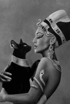 a drawing of an egyptian woman holding a cat