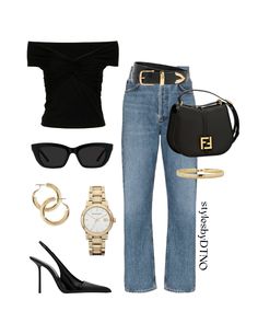 Summer 2024 Outfit Inspo / with a black off shoulder top, straight leg ankle jeans, black slingback pumps, a Fendi satchel bag, a black leather gold buckle belt, acetate frame sunglasses, a gold bracelet, and gold hoop earrings 🖤   Tags: outfit guide, summer outfit, capsule wardrobe, ootd, night out outfit, luxe for less, style inspo, date night outfit, trendy, neutral outfit, dinner outfit,   #LTKSummerSales  #ltkseasonal #ltkstyletip 2024 Dinner Outfit, Black Knit Top Outfit, Black Off Shoulder Top Outfit, Summer Outfit Capsule, Trendy Night Out Outfits, Dinner Night Outfit, Light Jeans Outfit, Dinner Date Night Outfit, Classy Trendy Outfits