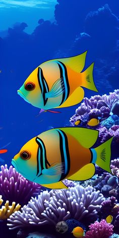 two yellow and blue fish swimming in the ocean