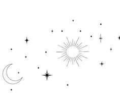 a black and white drawing of stars and the moon